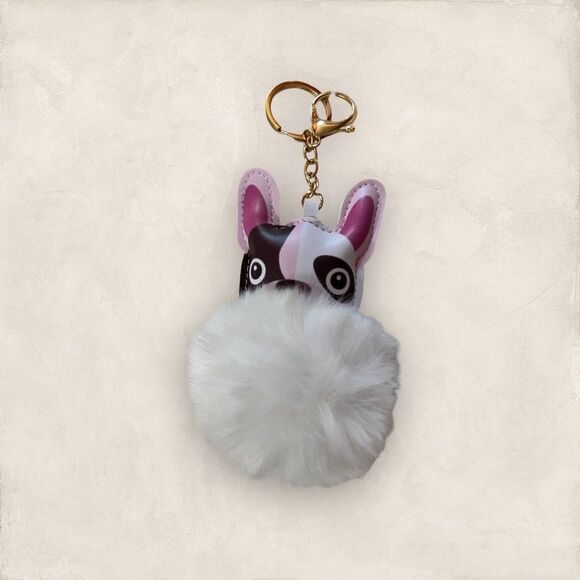 Frenchie Faux Leather Pompom Key Ring Purse Charm - Picture 1 of 3